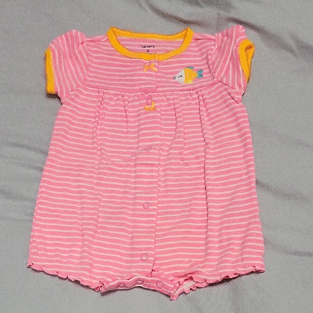 Carter's Pink & White Striped Romper with Yellow Trim and Fish Applique